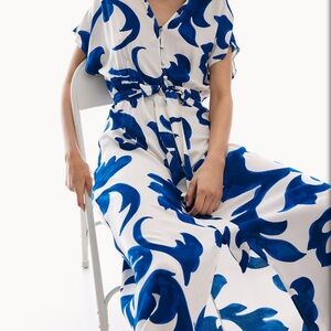 H&M Tie-Belt Shirt Dress Blue and White Midi